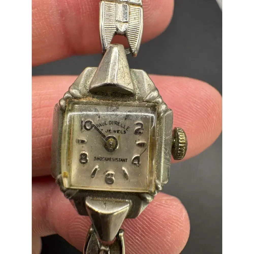 Vtg Paul Durelle Watch 17 Jewels Shock Resistant Silver Tone Square Dial